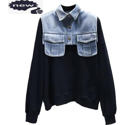 Casual Streetwear Women Pullover Boyfriend Style Loose Fit Pocket Denim Patchwork Female Outwear Tops Lapel Collar Jacket