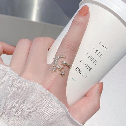 Luxurious Rhinestone Star Moon Opening Ring for Women Girls Fashion Irregular Finger Thin Ring Gift 2021 Female Jewelry Party