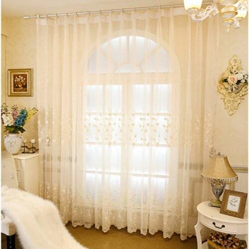 Beige Luxury Nail Pearl Embroidered Window Curtains For Living Room Tulle European Embossed Floral Voile Curtain Fabric