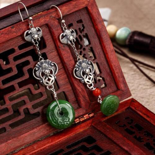 2018 Earings Fashion Jewelry Natural Hetian Jade 100% 925 Pure Inlay Lotus Frist Grade Quality Drop Earrings For Lady