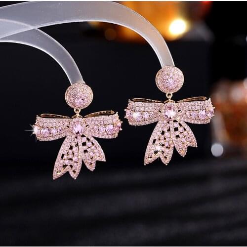 Micro Pave Cubic Zirconia Bowknot Earrings for Women Sweet Pink Butterfly Stud Earings Серьги pendientes mujer Luxury Jewelry