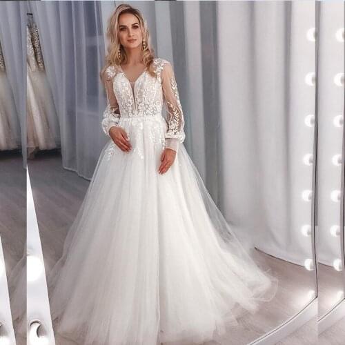 Wedding Dresses Tulle V Neck Pearls Beach Transparent Back Bridal Gowns Custom Made