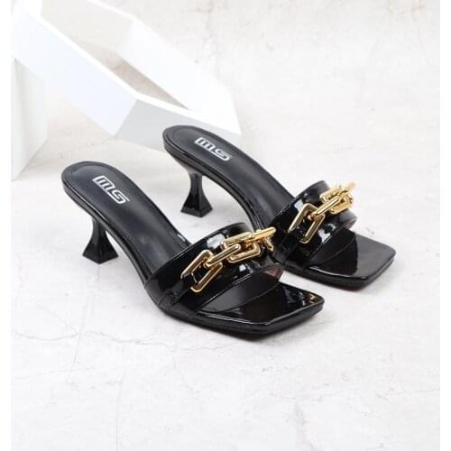 Women Pumps Ladies Luxury Sandals Fashion Chain High 6.5 CM Party Dress Shoes Female Open Toe Mules Shoes Girl Slides Flip Flops