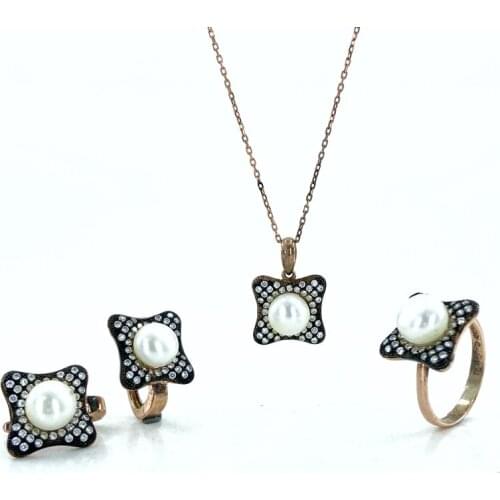 Pearl Necklace Earrings Ring Set 925 Sterling Silver Suit