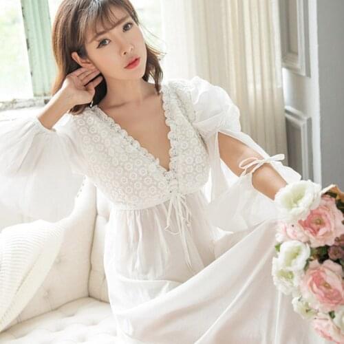 DISCOUNT Nightdress Female Embroidery Lace Palace Princess Long Sleeping Dress Sexy V-Neck White Women Sleepwear
