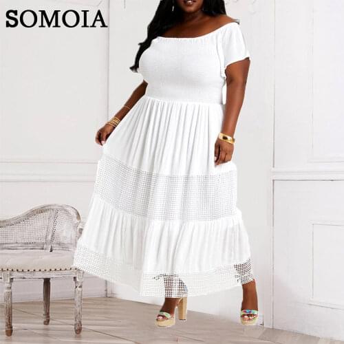Plus Size Women Clothing Sweet Loose Dress White Lace Heavy Industry Dress Slash Neck Elastic Ruched Prom Dresses Wholesale