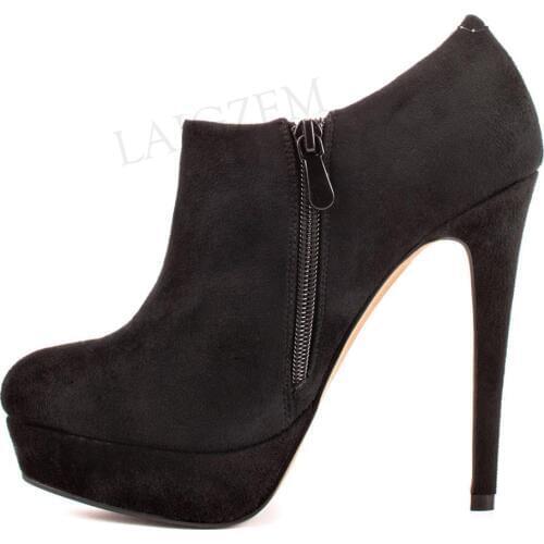 BERZIMER Platform Booties for Women Faux Suede Side Zip Heels Booties Black Zapatos Mujer Shoes Woman Large Size 45 49 50 52