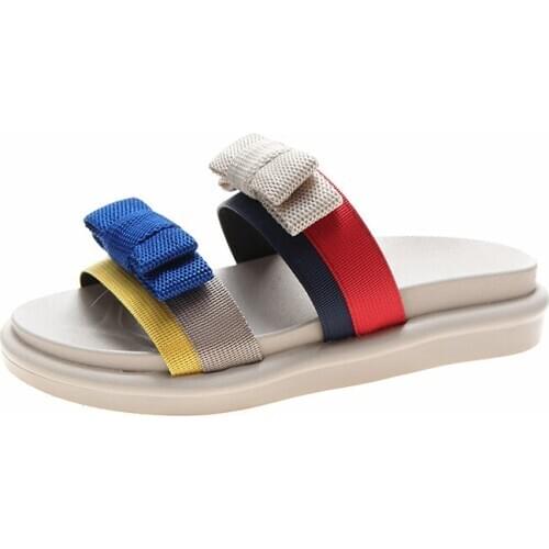 2020 Womens Summer Flat Slippers Platform Slippers Bow Sandals Outside Beach Slippers Casual