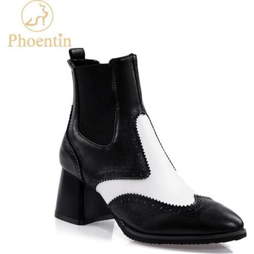 Phoentin chunky boots punk black & white mixed color chelsea boots women pointed toe PU leather large size shoes size 48 FT776