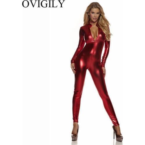 OVIGILY Women Full Body Unitard Black Catsuit Bodysuit Long Sleeve Lycra Red Front Zip Metallic Unitard Turtleneck Jumpsuit Gold