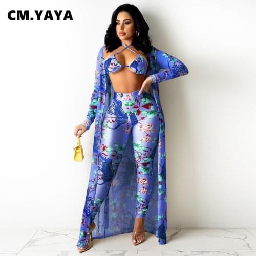 CM.YAYA Women Set Print Halter Bra Full Sleeve X-long Cloak Pencil Pants Two 2 Piece Sets Sexy Fashion Beachwear Summer Outfits