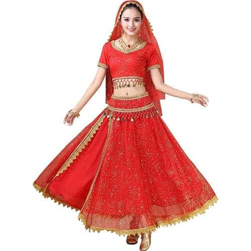 Sari Belly Dance Costume Bollywood Dress Halloween Chiffon Dance Outfit Costumes Head Veil Top Belt Skirt For Women Indian Dance