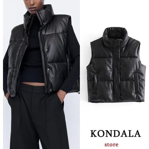 Women Waistcoat Za Fashion 2021 PU Chic Black Thick Vest Coats Leather Single Breasted Sleeveless Jackets Mujer Streetwear Coats