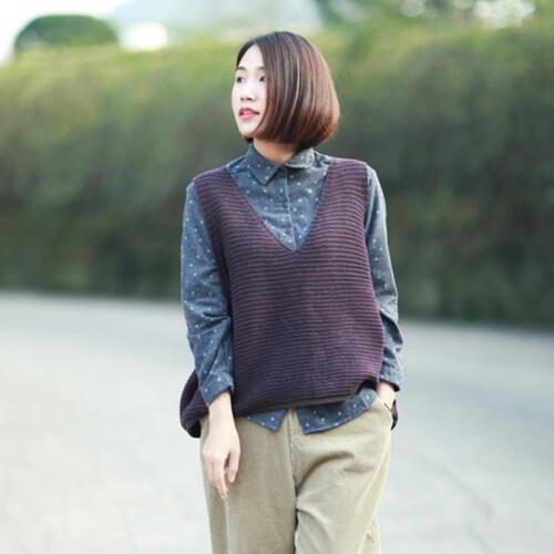 Spring Autumn Pullover Knitted Vest Waistcoat Sweater Women Vintage Casual V Neck Loose Stripe Knit Sleeveless Jacket Coat Tops