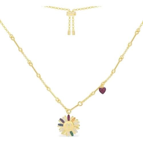 Fashion 925 Sterling Silver Heart Multicolor Daisy Adjustable Necklace Women Yellow Gold Color Sun Flower Pendant Brand Jewelry