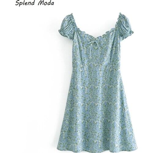 2021 New V-Neck Puff Sleeve Bowknot Lace-Up Edible Tree Fungus Elastic Folds Floral Print Summer Women Dress Zipper Vestido