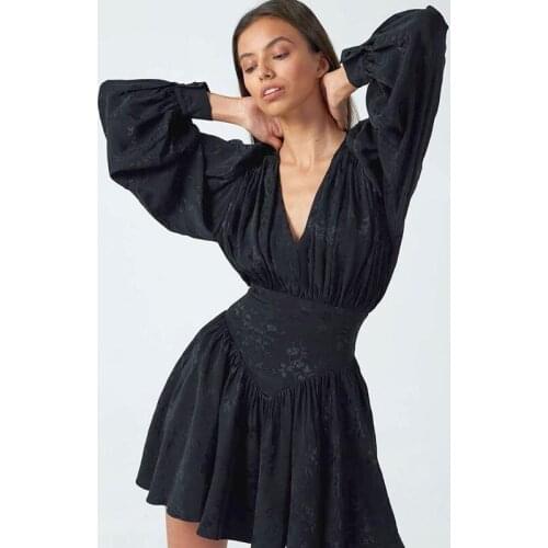 Women vintage black mini dress sexy slim waist deep v-neck Jacquard Lantern sleeve autumn elegant black dress vestidos mujer