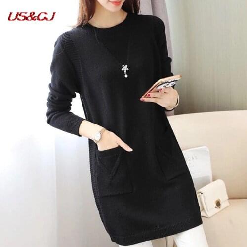 Sping Winter Women Black Sweaters Casual Solid O-Neck Long Sleeve Knit Sweaters Loose Pockets Mid Length Pullover Female Tops