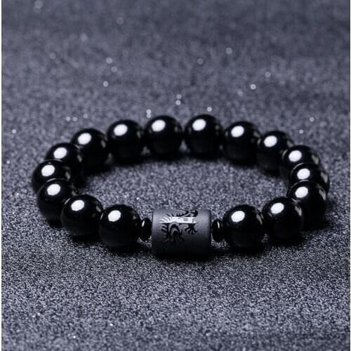 10MM Natural Black Obsidian Carved Buddha Lucky Amulet Round Beads Strand Bracelet For Women Men Jewelry