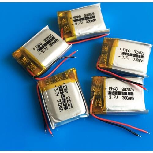 5 pcs 3.7V 300mAh Polymer lithium Lipo battery rechargeable 802025 Power for camera MP3 DVD smart watches