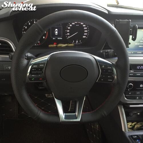 Shining wheat Hand-stitched Black Genuine Leather Car Steering Wheel Cover for Hyundai Sonata 9 2015 2016