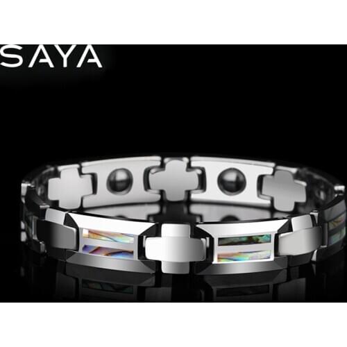 Men Tungsten Carbide Bracelet with Colorful Natural Shells Inlay Magnet Health Stones 18.5m/20.5cm Length, Free Shipping