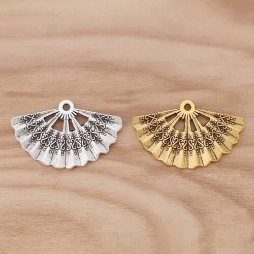 20 Pieces Gold Tone Chinese Fan Charms Pendants Beads for Necklace Bracelet Jewellery Making Findings 33x21mm