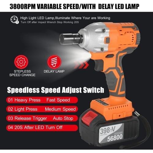Cordless Brushless Electric Impact Wrench 1/2 Inch 380Nm High Torque Li-ion Battery Variable Speed Electric Wrench Fast Charger
