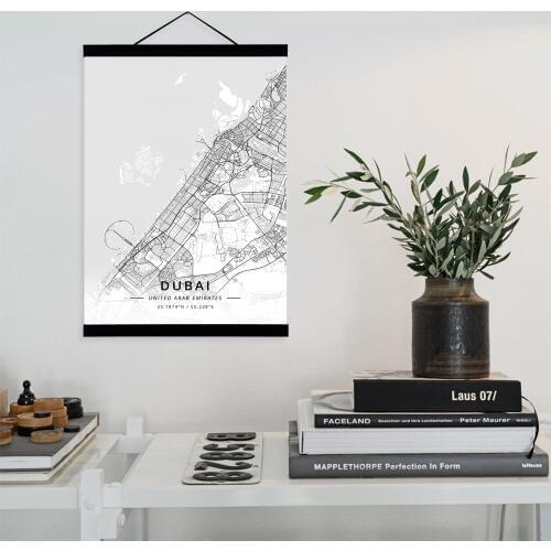 Dubai, United Arab Emirates City Map Wooden Framed Canvas Painting Home Decor Wall Art Print Pictures Poster Hanger