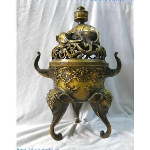 16" China fine brass copper censer carved six elephant incense burner Statue