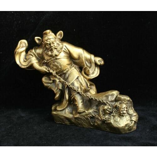 Chinese Folk Brass Taoism Zhong Kui Zhongkui God Hold Sword Catch Ghost Statue