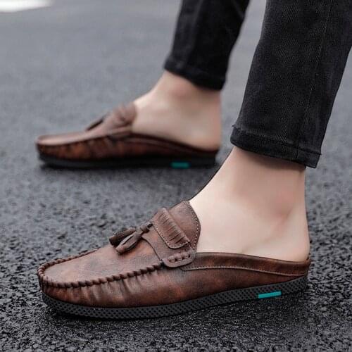 Tassel Slip on Half Shoes for Men Breathable Half Drag Backless Loafers Shoes Men Summer Slippers Mens Flats Lazy Driving Shoes