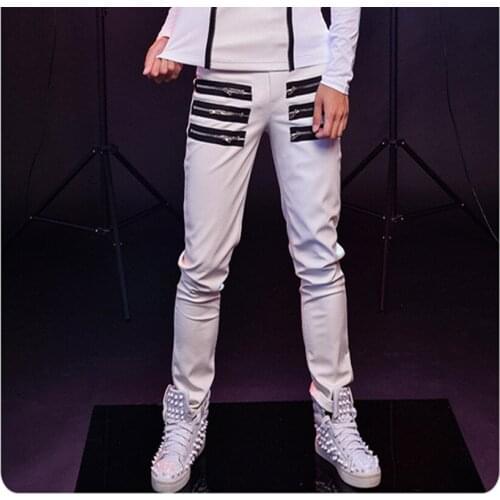 Fashion Man White Slim Casual Pants Punk style Slim cool zipper leather pants nightclub singer dancer dj stage dance trousers