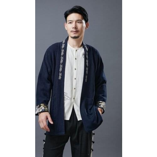 2021 Mens Shirts Chinese Style Men Shirt Retro Kimono Cardigan Men Hanfu Elegant Camisa Vintage Embroidery Asian Clothes KK3466