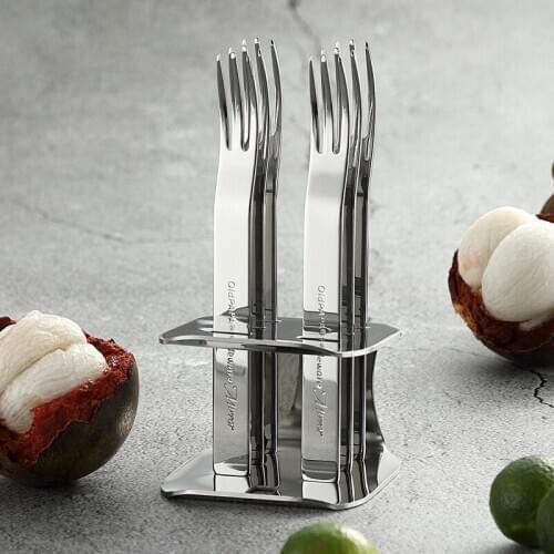 Set of 7 Eco Friendly 420 Stainless Steel Fruit Fork Small Tableware Dinnerware with Cutlery Holder Dessert Forks Kitchen Gadget