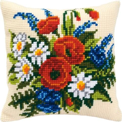 DIY Cross Stitch Cushion Cover Field Flowers Needlepoint Kits Printed Canvas Chunky Yarn Cross-stitch Pillow Case Arts & Crafts