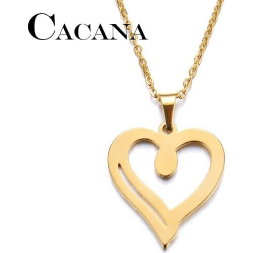 CACANA Stainless Steel Necklace For Women Man Lovers Heart Gold And Silver Color Pendant Necklace Engagement Jewelry