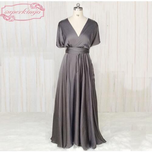 SuperKimJo Wedding Guest Dresses 2020 V Neck Short Sleeve Gray Bridesmaid Dresses Long Vestido De Madrinha De Casamento