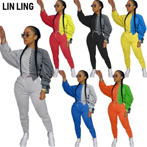 LINLING Long Sleeve Solid Color Stitching Round Neck Pullover Sweater Casual Slim Two Piece Street Suit