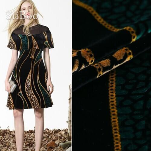Luxury black brown green geometric rayon raised pile velvet flocking silk fabric for winter dress velvet silk tissu telas SP4658