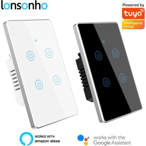 Lonsonho Tuya WiFi Smart Switch US 110V No Neutral Metal Frame Glass Touch Panel Light Switch Works Alexa Google Home