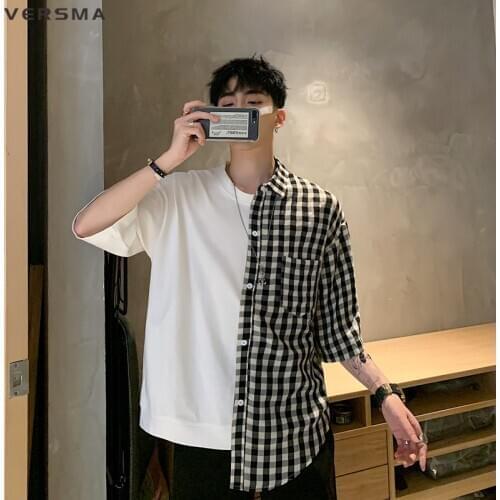 VERSMA Japanese Harajuku Plaid Patchwork Retro T-shirt Men Women Summer Streetwear Punk Rock BF Vintage T Shirt Men Dropshipping