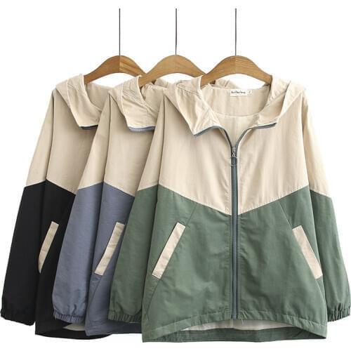 Windbreaker Female Large Size Loose Womens Trench Coat Spring Autumn Korea Style Hooded Color Block Casual Coat Outwear K1043