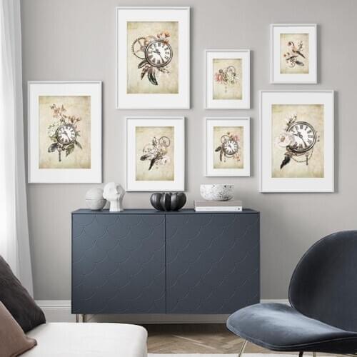 Vintage Taschenuhr Vogel Feder Blume Wand Kunst Leinwand Malerei Nordic Poster Und Drucke Wand Bilder Für Wohnzimmer Decor