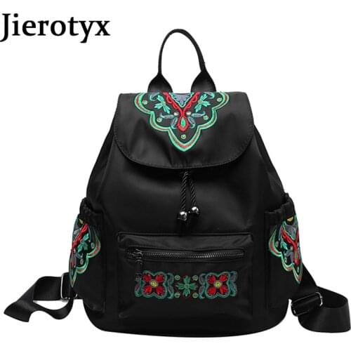 JIEROTYX News Black Flowers Embroidery Women Shoulder Back Packs Vintage Chinese Style Casual Travelling Female Bags Waterproof