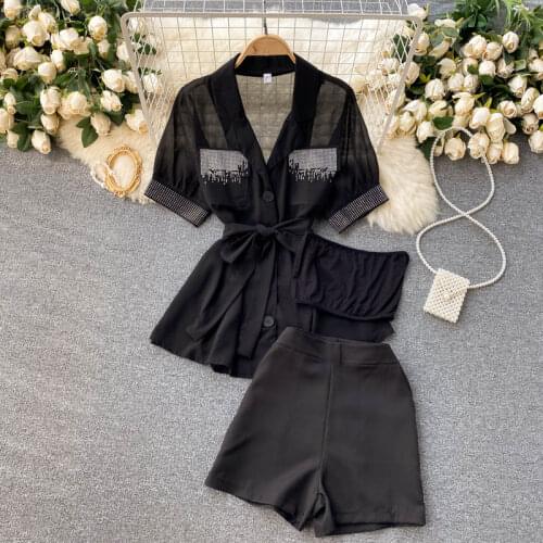 Ladies' Temperament Suit Summer 2021 New Women Light Chiffon Hot Drill Shirt Versatile High Waist Wide Leg Pants Two-piece Suit
