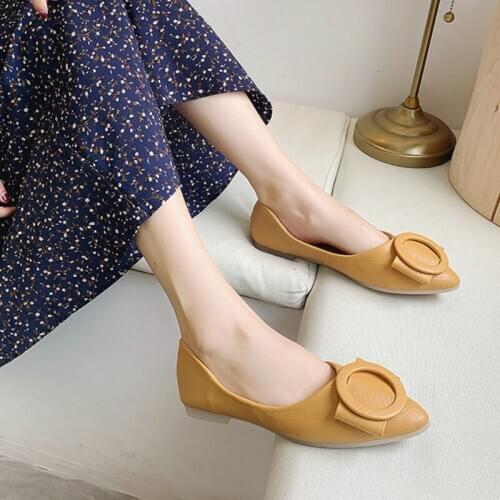 2020 Women Spring Bottom Square Head Flat Single Shallow Mouth Button Heel Bean Work Black Ballerinas Circle Buckle Shoes U19-56