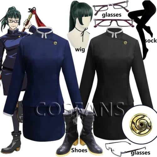 Anime Jujutsu Kaisen Cosplay Costume Maki Zen in Green Wig Top Skirt Zenin Maki kids Women Halloween Full set Cosplay Wig shoes
