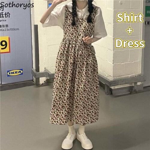 Women Dress Sets Half Sleeves White Shirt Preppy Print Long Straps Dresses French Style Baggy Leisure Temperament Ins Streetwear