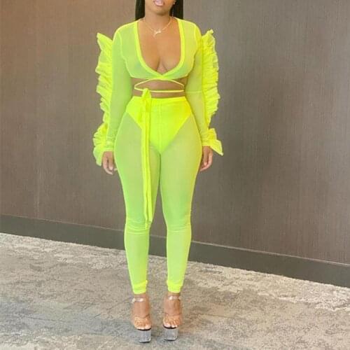 See Through Mesh Neon Green Fashion Women Two Piece Set Bandage V Neck T-Shirt And High Waist Long Pant Club 2PCS Outfits Female